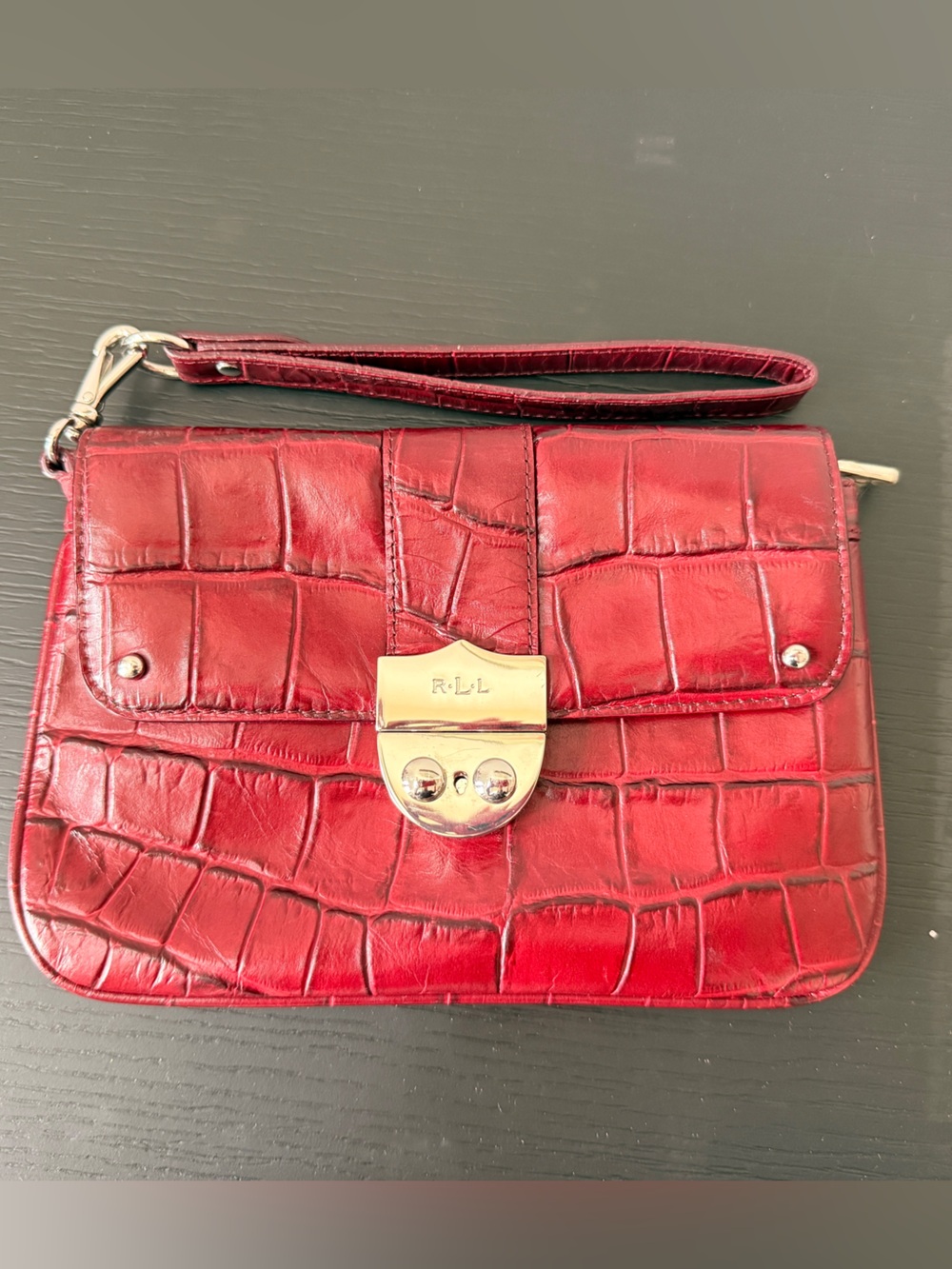 Ralph Lauren Red Croc-Embossed Wristlet Clutch with Gold Hardware